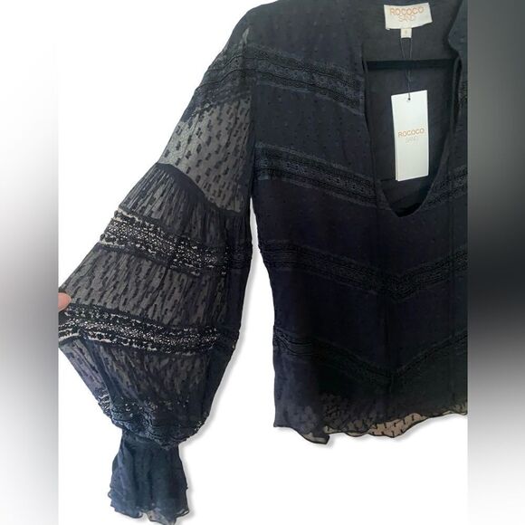 Rococo Sand x REVOLVE Selene Blouse in Black peasant sleeve beaded sheer top new - Picture 6 of 13